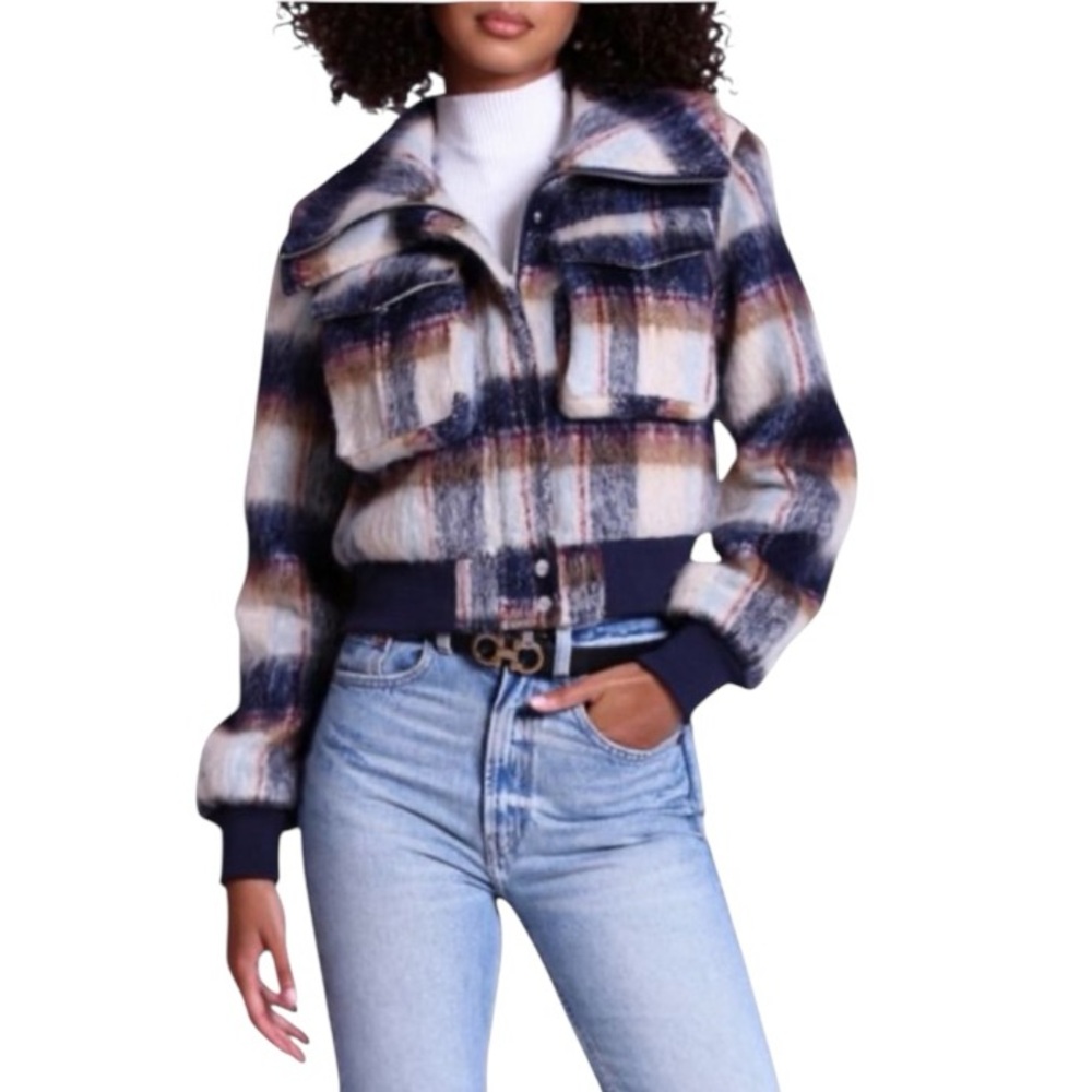 NWOT Avec Les Filles Women’s Brushed Plaid Trucker Jacket Warm‎ Soft Fall Winter
